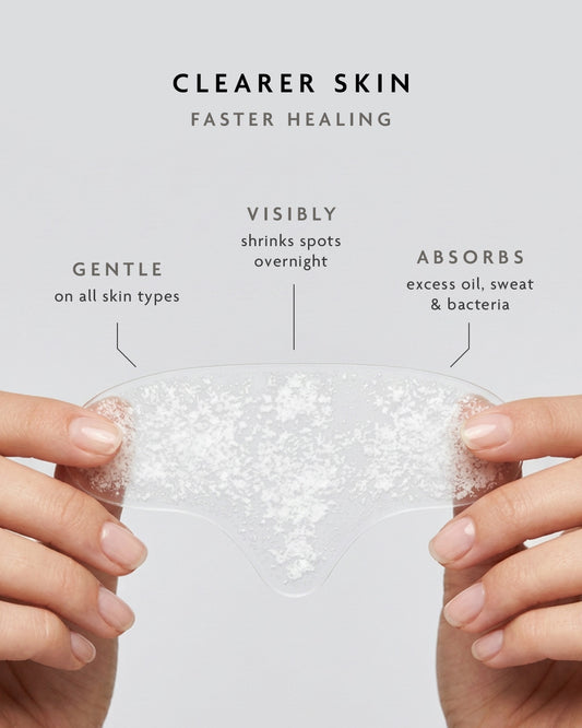 Wide hydrocolloid forehead patch that absorbs oil and shine, held in two hands
