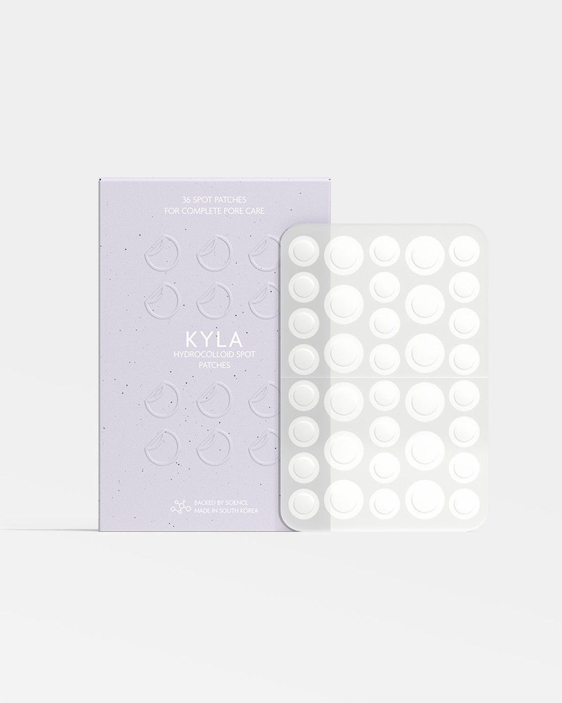 KYLA hydrocolloid spot patches box with a sheet of 36 clear round pimple patches