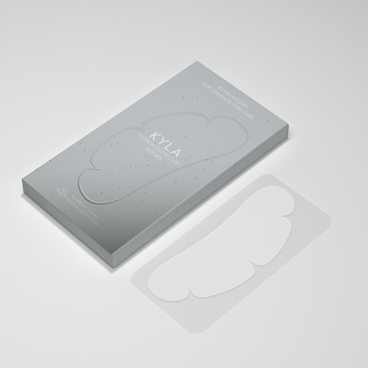 KYLA hydrocolloid chin patches shown with the product packaging