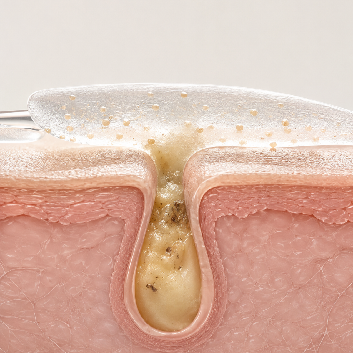 Cross-section illustration of a hydrocolloid patch pulling oil and gunk out of a clogged pore