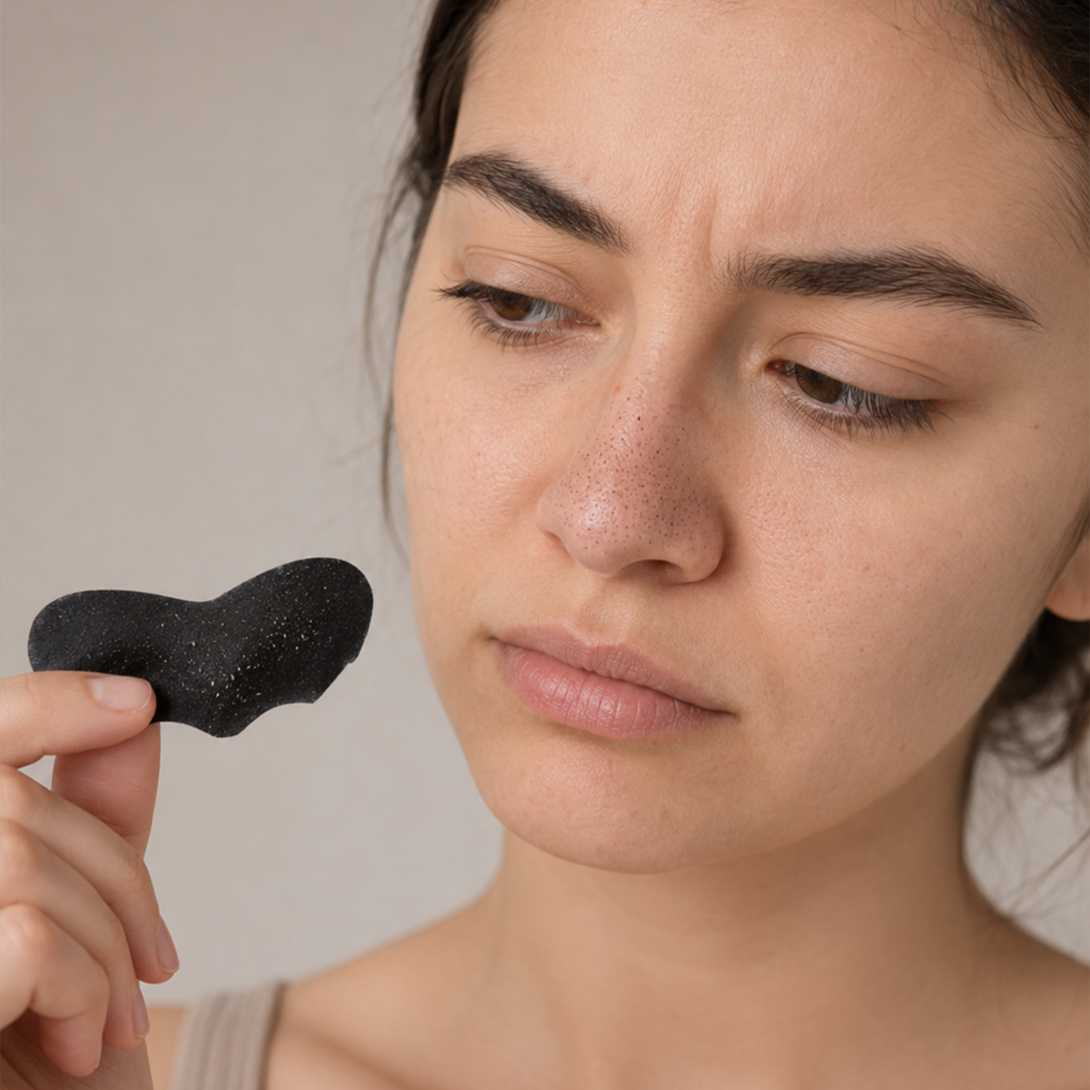 Woman looking unconvinced while holding a dark peel-off pore strip