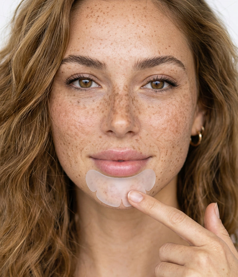 Woman applying a hydrocolloid patch to her chin
