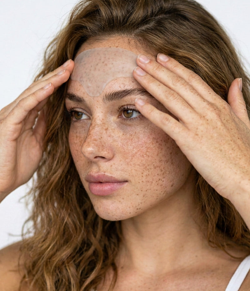 Woman with a clear forehead resting her hand on it